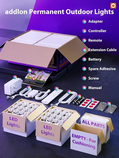 Shows all components included with the outdoor lights purchase, including LED lights, adapter, controller, remote, extension cable, battery, adhesive, screws, and manual to reassure shoppers they…