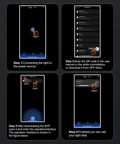 This image provides step-by-step instructions for setting up and connecting a smart light strip via a mobile app, guiding the shopper through the installation process to reassure them that setup is…