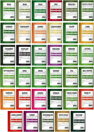 Displays the brand's full product lineup of vegetable seed varieties to help shoppers explore options and understand the breadth of the brand's offerings.