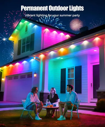 Demonstrates the product in a real-world social setting to show how the colorful outdoor lights create an inviting party atmosphere for entertaining guests at home.