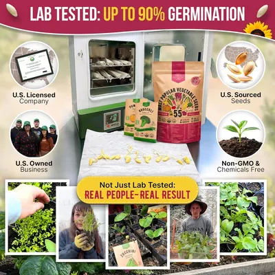 Communicates multiple trust signals and product benefits in a segmented layout to reassure shoppers about seed quality, germination success, business legitimacy, and safety standards. Displays…