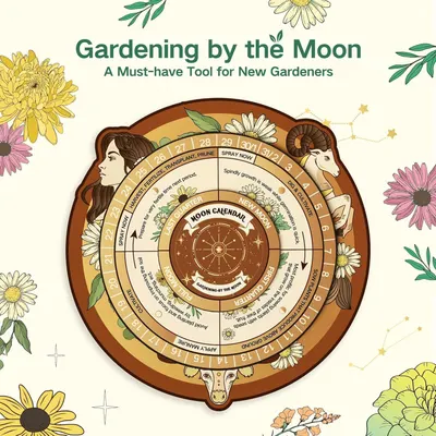 This image teaches shoppers how to use lunar cycles to optimize gardening tasks, providing a visual calendar tool that shows when to plant, prune, spray, and harvest based on moon phases.
