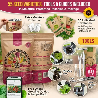 Shows everything included in the seed kit bundle—55 seed varieties, gardening tools (tweezers, widger, weeding fork, leaf clipper, seed dibber), growing guides, and moisture-protected resealable…
