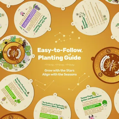 This image communicates that the product includes an instructional planting guide organized by astrological signs and seasons, helping shoppers understand when and how to plant different seeds.