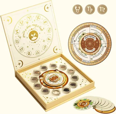 Shows everything included in the astrology-themed kit to help shoppers understand the complete set they will receive, including the decorative box, moon calendar wheel, small containers, and…