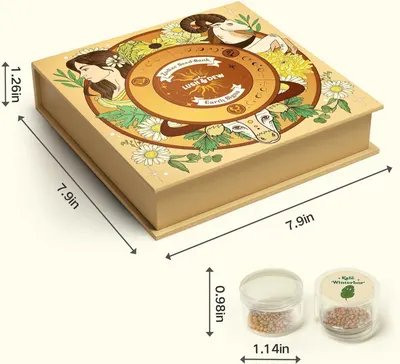 Communicates the exact physical dimensions of the seed bank box and seed containers to help shoppers understand the product's size and storage footprint.