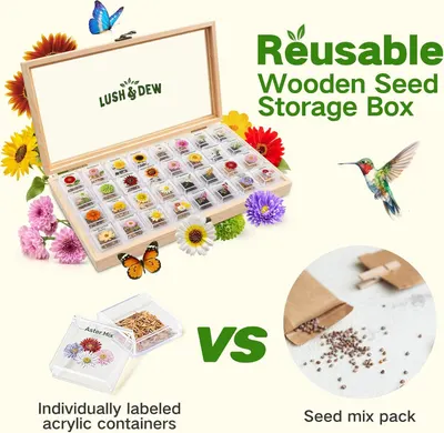 Demonstrates the superiority of the reusable wooden seed storage box with individually labeled acrylic containers compared to generic seed mix packs, emphasizing organization and reusability.…