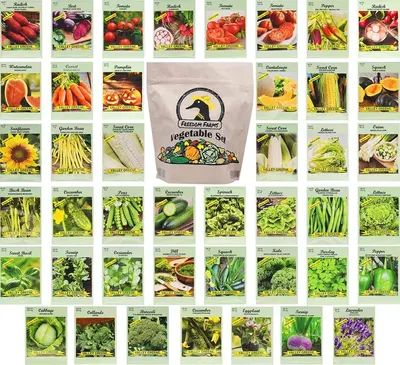 Shows the complete collection of vegetable seed packets included in the Freedom Farms kit, helping shoppers understand the variety and quantity they will receive.