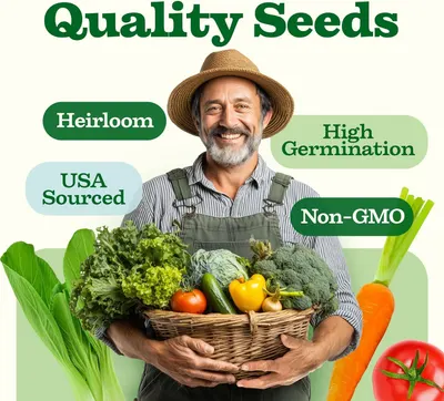 Communicates multiple quality attributes of the seeds to reassure shoppers about the product's heritage, germination success rate, domestic sourcing, and non-GMO status.