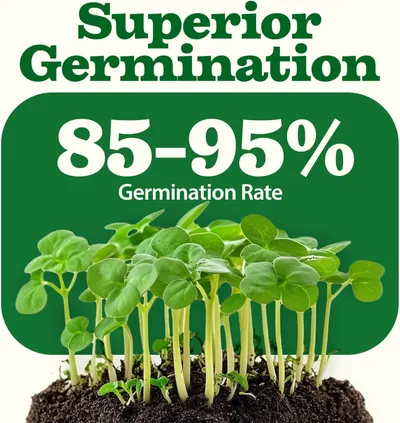 Communicates the product's superior germination performance with a bold percentage range to reassure shoppers of seed quality and reliability. Highlights the key benefit of excellent seed…