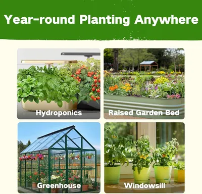 Demonstrates the versatility of the product by showing four different planting environments and methods, reassuring shoppers that it can be used year-round in various settings.