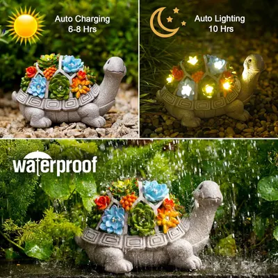 Demonstrates three distinct benefits of the decorative turtle light: solar charging capability during the day, automatic lighting at night, and waterproof durability for outdoor use.
