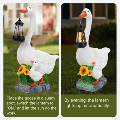 Explains how to set up and use the decorative solar goose lantern, showing the two-step process of placing it in sunlight and how it automatically illuminates at night. Highlights the convenience…