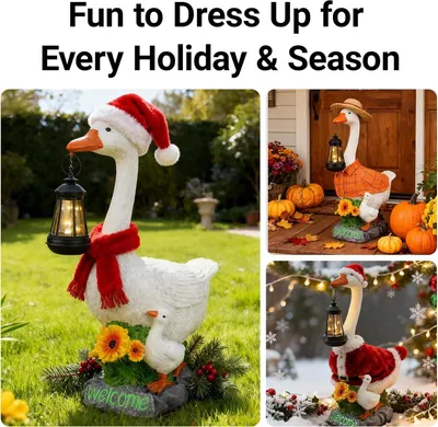 Demonstrates that the decorative goose product can be dressed up for multiple holidays and seasons (Christmas, Fall/Thanksgiving, Halloween), positioning it as a versatile year-round decoration.…