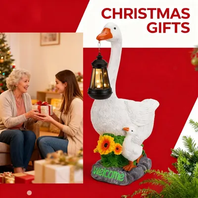 Positions the decorative goose lantern as a perfect Christmas gift option, using holiday colors, festive imagery, and a gift-giving scene to appeal to seasonal shoppers.