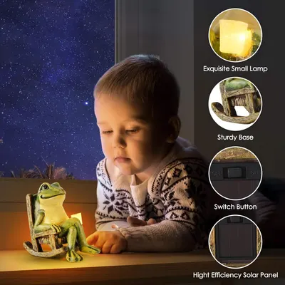 Breaks down the physical components of the decorative frog lamp to help shoppers understand its construction, features, and key parts including the lamp, base, switch, and solar panel.