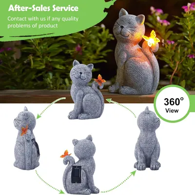 Shows the product from all angles in a 360-degree rotation to help shoppers understand the complete design and features of the decorative cat figurine, including the solar panel placement and…