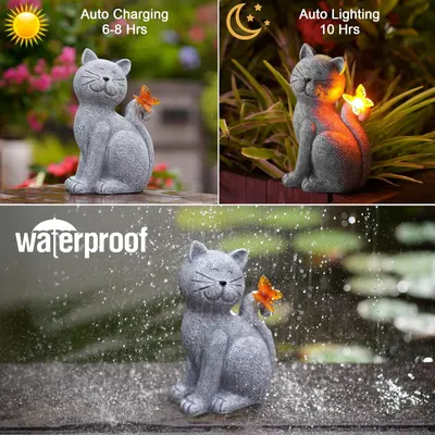 Demonstrates three distinct product benefits in a segmented layout: solar charging capability (6-8 hrs), automatic nighttime lighting (10 hrs), and waterproof durability for outdoor use.