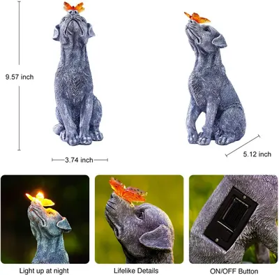 Communicates multiple product benefits in a segmented layout: physical dimensions for size reference, solar-powered light-up feature for nighttime use, realistic sculpting quality, and ease of…