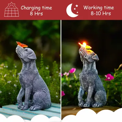 Demonstrates the transformation of the solar-powered decorative dog statue from its daytime charging state to its nighttime illuminated state, showing shoppers the dual functionality and lighting…
