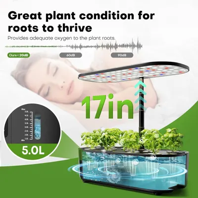 Communicates multiple key features of the hydroponic growing system including its quiet operation under 20dB, large 5.0L water capacity, 17-inch height, and oxygen provision for healthy root growth.