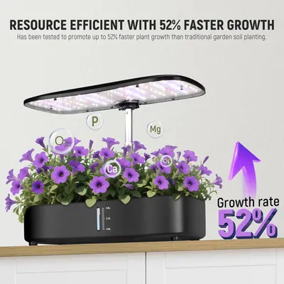 Communicates the product's superior performance with a bold quantifiable claim that it promotes 52% faster plant growth compared to traditional garden soil planting, reassuring shoppers of its…