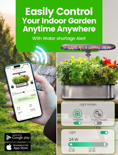 Demonstrates the smart indoor garden's multiple features including remote app control, customizable light modes for different plants, scheduling capabilities, and water alerts to reassure shoppers…