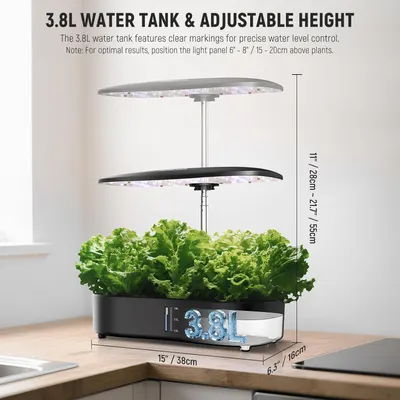Communicates the exact physical dimensions of the indoor garden system (height, width, depth) and highlights the adjustable height feature to help shoppers understand if it will fit their space and…