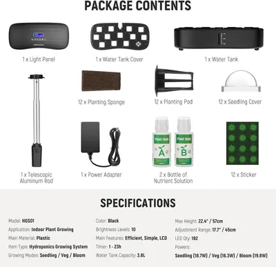 Shows all the items included in the hydroponics growing system package to help shoppers understand the complete value and what they will receive upon purchase.