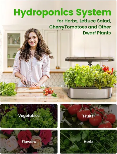 Demonstrates the versatility of the hydroponics system by showing it can grow multiple types of plants including vegetables, fruits, flowers, and herbs, reassuring shoppers of its wide range of…