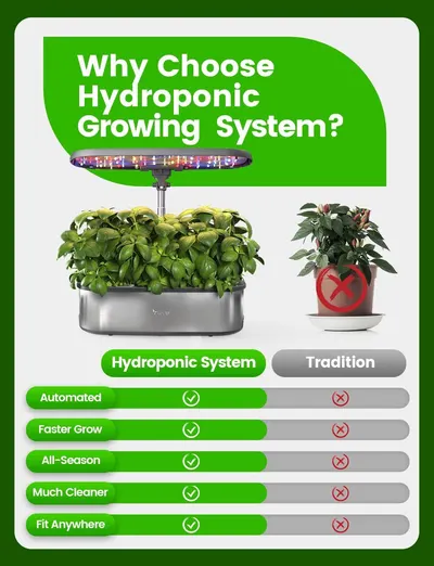 Demonstrates why the hydroponic growing system is superior to traditional plant growing methods by showing five key advantages in a side-by-side comparison format.