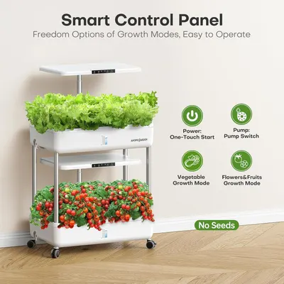 Communicates the product's smart control features and multiple growth mode options to show shoppers the versatility and ease of operation of this indoor garden system.