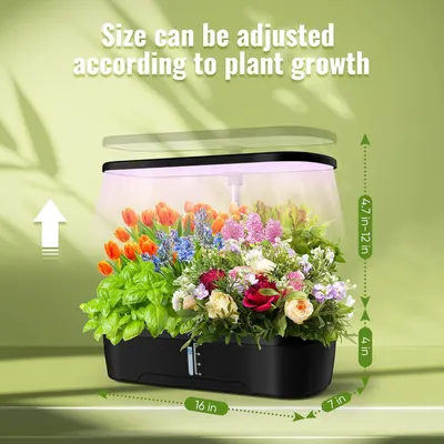 Communicates the physical dimensions of the indoor garden (16in x 7in x 4.7-12in height) and emphasizes that the size can be adjusted according to plant growth, reassuring shoppers about its…