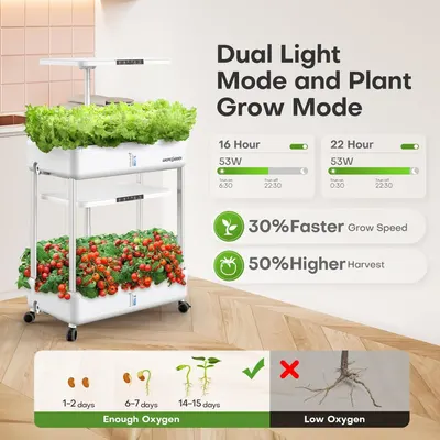 Communicates multiple distinct benefits of the hydroponic growing system including customizable light modes, accelerated growth speed, increased harvest yield, and optimal oxygen levels for plant…