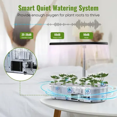 Communicates that the smart watering system operates at a very low noise level (25-26dB), making it ideal for indoor use without disrupting the home environment.