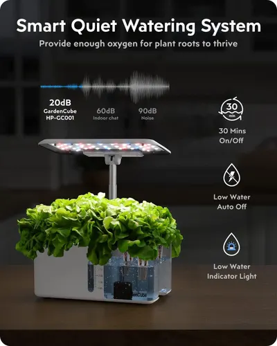 Communicates multiple key benefits of the smart watering system including ultra-quiet operation (20dB), automated 30-minute on/off cycles, and low water safety features to reassure shoppers of…