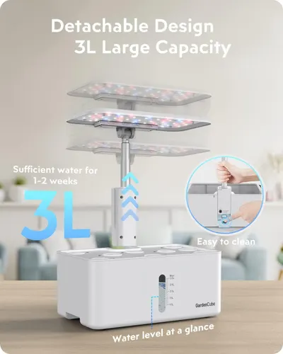 Communicates multiple key benefits of the indoor garden system including its detachable design, large 3L water capacity that lasts 1-2 weeks, easy cleaning mechanism, and visible water level…
