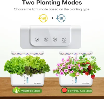 Demonstrates the product's versatility by showing two distinct use cases: growing vegetables and growing flowers/fruits, helping shoppers understand the different applications and lighting modes…