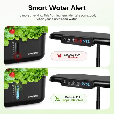 Explains how the smart water alert feature works by showing the two-state detection system: flashing red when water is low and stopping with a green indicator when the reservoir is full. Highlights…