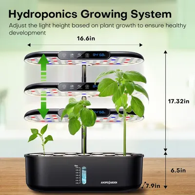 Communicates the exact physical dimensions of the hydroponics system (16.6in width, 17.32in height, 6.5in and 7.9in base dimensions) to help shoppers understand the space requirements and whether it…