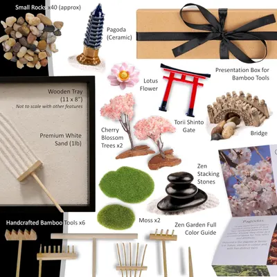 Shows all the items included in the zen garden kit to help shoppers understand the complete package they will receive, including decorative elements, tools, sand, and presentation box.