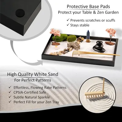 Communicates multiple distinct benefits of the zen garden product: protective base pads that prevent scratches and keep the tray stable, plus high-quality white sand for creating perfect rake…