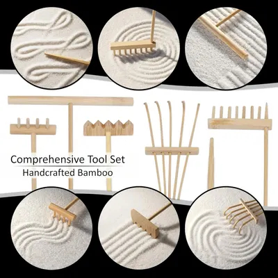Shows all the bamboo tools included in the zen garden set, demonstrating the variety and completeness of the kit to help shoppers understand what they will receive. Demonstrates how to use the…