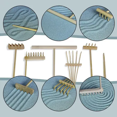 Demonstrates the multiple pattern-making capabilities and design options available with the zen garden rake set, showing shoppers the variety of creative patterns they can create. Shows all the…