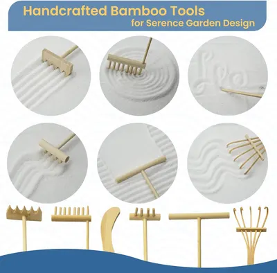 Shows all the bamboo tools included in the set, demonstrating the variety of rakes and design tools available for creating different patterns in a zen garden.