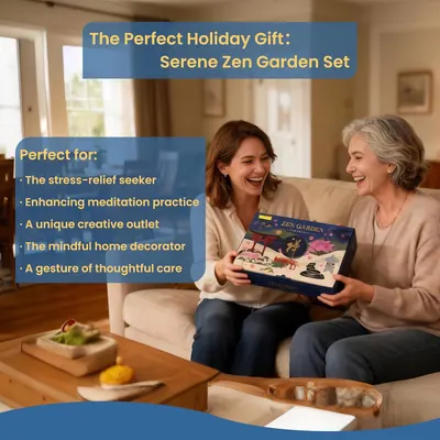 Positions the Zen Garden Set as the perfect holiday gift by showing a warm gifting moment and listing ideal recipient types, encouraging shoppers to purchase for stress relief, meditation,…