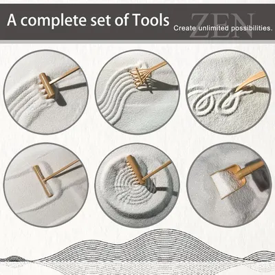 Shows the customer all the different tools included in the Zen garden set, demonstrating the variety and completeness of the kit for creating different sand patterns.