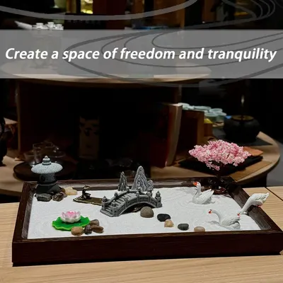 Communicates the emotional benefit of creating a peaceful, tranquil space using this zen garden product, appealing to shoppers seeking relaxation and mindfulness.