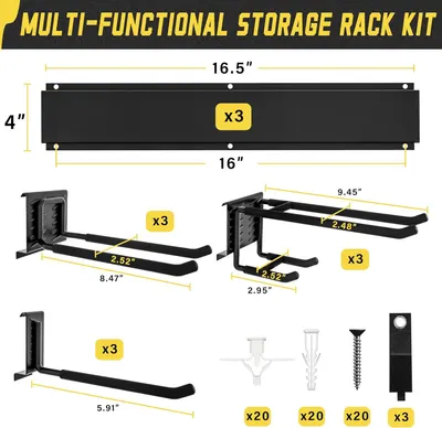 Shows all components included in the storage rack kit with precise dimensions, helping shoppers understand exactly what they will receive and how the pieces fit together.