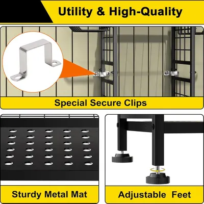 Communicates the product's utility and high-quality construction by highlighting three distinct features: secure attachment clips, durable metal mat base, and adjustable leveling feet to reassure…